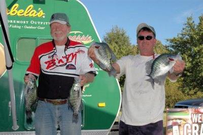 Tracy McIntosh and John Woods show off some of the fish they caught to repeat as champions in the Semi-Pro Division of the 2009 Cabelas Crappie USA Classic, held on the Tennessee-Tombigbee Waterway near Columbus, Miss.  (Photo by John N. Felsher)