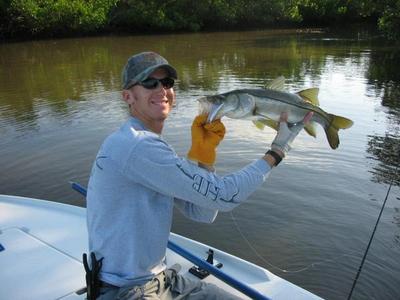 Pine Island Sound Snook caught in a foot of water on a Yo Zuri Banana Boat topwater