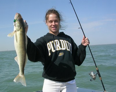 Angela is happy with her Lake Erie walleye catch
