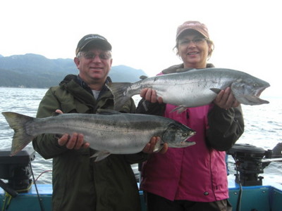 Sherry and Bob Carmicheal with two beautiful Douglas Channel Harbour Fishery Coho