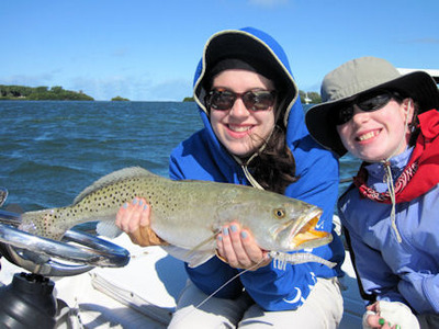 Caitlin and Megan Sarasota Bay DOA Deadly Combo 5-pound trout caught and released with Capt. Rick Grassett