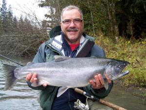 The photo is of a beautiful wild Coho Salmon landed by my younger brother Mike on the Kalum River on October 10, 2007.  We had a great time fishing we landed both Steelhead and Coho on the same day.