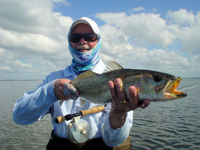 Mike Perez's Sarasota Bay 4-lb fly trout caught and released with Capt. Rick Grassett.