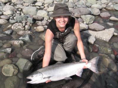 The photo of the week shows Amy with a beautiful, bright, fresh Skeena River Chinook (King) Salmon of which she is very proud to catch and release after this quick photo was taken.
