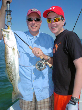 Perry and Dirk Greene with a nice Sarasota Bay trout caught on a Grassett Deep Flats Bunny fly