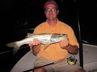 Tom Neal, from Toronto, Ontario, with a snook caught and released on a Grassett Snook Minnow fly while fishing Sarasota Bay with Capt. Rick Grassett.