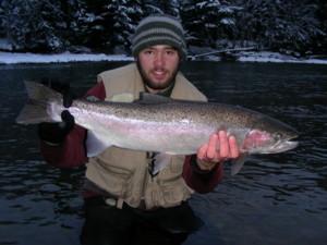 The photo is of a beautiful Steelhead landed by Kevin on December 29, 2007 on the Kalum River. Thank you for sending it to me Kevin.
