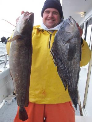 Mike with a 6 lb white hake and a 5 lb sea bass