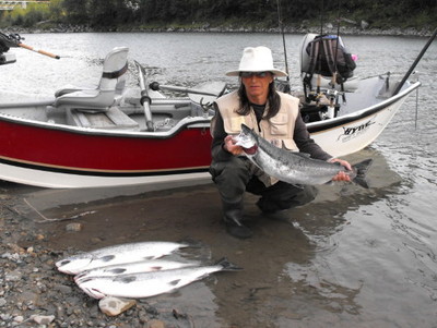 Bonnie Girard with a bright Kitimat River Coho (Silver) Salmon. Bonnie and her husband Marc drifted in August and landed four Coho and lost at least 10 more plus numerous Pink.