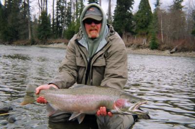 The photo of the week shows Troy Adams a repeat guest of Kalum River Lodge with a nice spring Steelhead landed on the Kalum River in April last year.  Troy loves to fish with his spey fly rod and will be back again this spring.