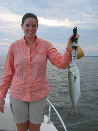 Pictured, Lorie Mixon with a nice Blue Fish