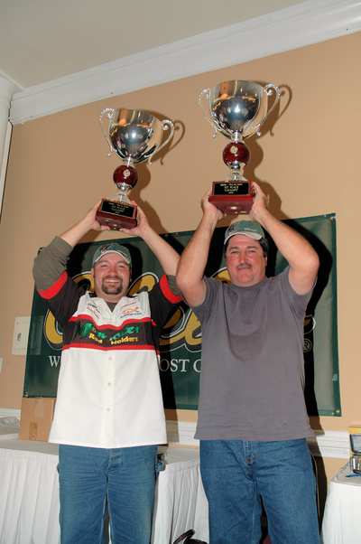 Brian Vohol of Hermitage, Tenn. and Bruce Paulk of Michie, Tenn., show off the trophies they won as the champions of the 7th annual Cabelas King Kat Classic, held Oct. 16-17, 2009, on Pickwick and Wilson lakes at Sheffield, Ala. (Photo by John N. Felsher