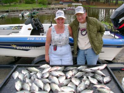 Here is a photo with clients Harlan and Pam Waltz from Rockville Indiana we had a good day today 04/02/08 with 51 keeper crappie with 65+ total caught
