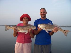 Sue and Brent Knoll with a double redfish catch....