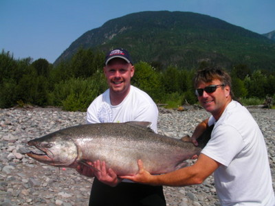 Hi Noel, well the 55-pounder (45 inch by 29 inch girth) in the pic is real as life as our latest guest from Grande Prairie Alberta set the hook on this Skeena Monster yesterday, August 5th just in time before the closure on Skeena Chinooks.  Marvin fought