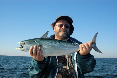 Brad Johnson, from KY, with a little tunny caught and released off Lido Key on a Diamond jig while fishing with Capt. Rick Grassett.
