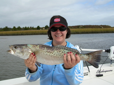 Melissa with her first Speckled trout and its a nice one.  Melissa was fishing with Capt. Jot Owens around Wrightsville Beach, NC.  The trout hit a live Shrimp and was released alive.