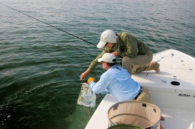 Rick Happle , from Tampa, FL, removes a black and purple Toad fly from his 110-pound tarpon caught with Capt. Rick Grassett.