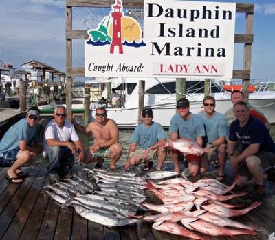 390 lbs. of big red snappers and king mackerel were brought to the dock at Dauphin Island Marina aboard the Lady Ann