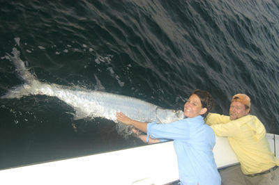 Liz Stallard, from MI, caught and released this 120-pound tarpon on a live crab while fishing off Siesta Key with Capt. Rick Grassett.