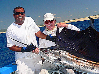 This is Mike Goodrich from Erie, PA.  Mike along with Captain Victor are showing off a very nice sailfish that mike caught while fishing with me out of Cabo San Lucas this past week.