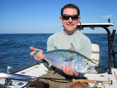 Steve Ruffoni, from CA, caught and released this big false albacore on a Grassett Snook Minnow fly while fishing the coastal gulf in Sarasota with Capt. Rick Grassett.