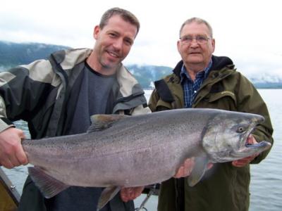 The photo of the week shows my son-in-law Troy Ritter and charter guide Wes Owen with a beautiful Douglas Channel Chinook (King) Salmon landed on July 4th.  We had a great day fishing for Salmon and Dungeness crab and were successful on both counts.  More