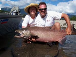 Christina and Justin with a BIG Skeena River Chinook landed in July 2004.  It weighed 64 pounds.