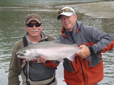 Hi Noel, I hope you enjoy this photo of some early Coho (Silver) Salmon action on the Kitimat River this season.  The fish seem to be coming in good numbers and the boys are having a ball catching them.  The fish, this time of year, are chrome bright and
